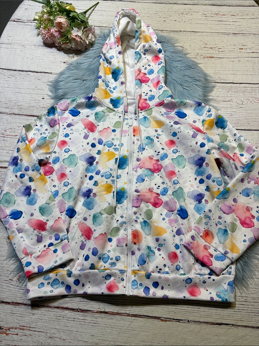 Watercolor Splash Zip-Up Hoodie - Multicolor Sz L